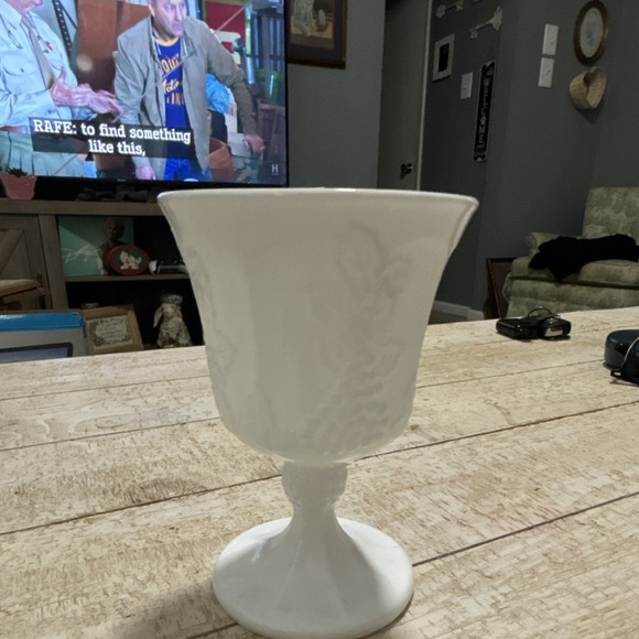 Other - White Textured Milk Glass Grapes Pattern Pedestal Vase Glossy Round Goblet